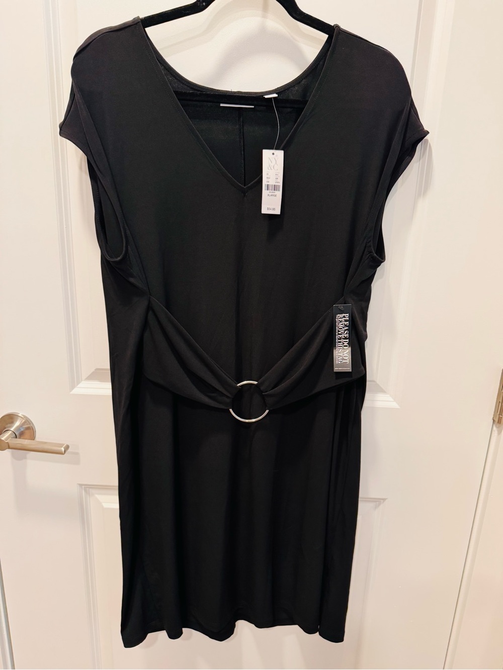 New York & Company Black Ring-Front V-Neck Midi Dress